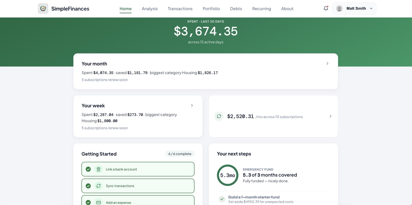 SimpleFinances home screen for a sample account showing spending over the last 30 days, a month and week summary, the monthly recurring total, a getting-started checklist, and next steps