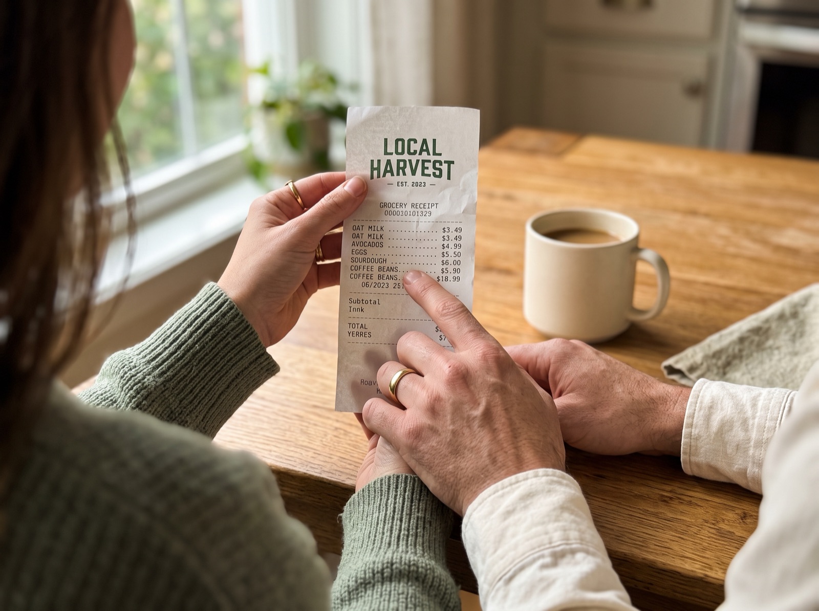 A couple reviewing a grocery receipt at a kitchen table
